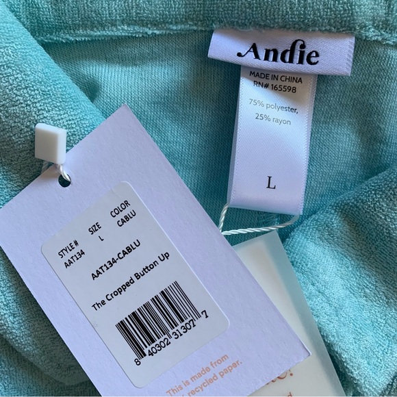 Andie Swim Coverup Size Large Blue Terrycloth Cropped Button Up Shirt NWT - Picture 11 of 15